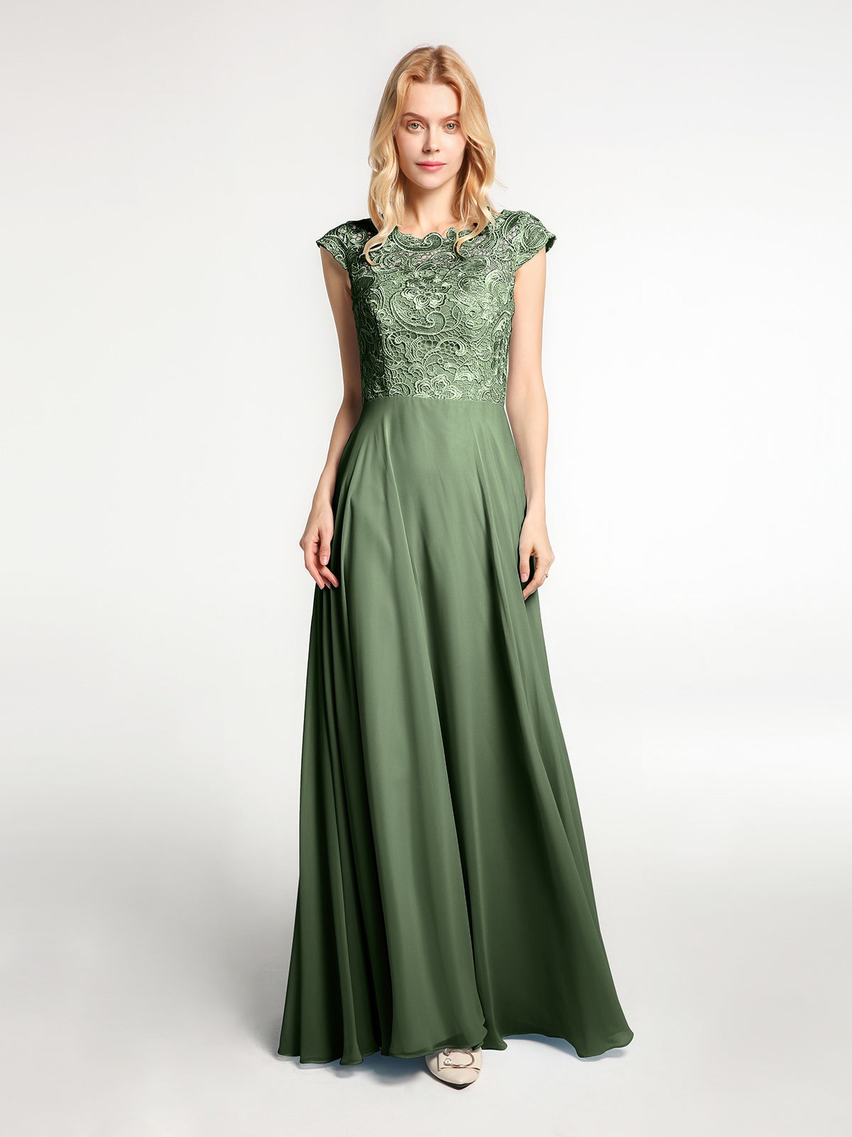 Vestido maxi de encaje y chiffon con cuello ilusión envolvente Verde Oliva