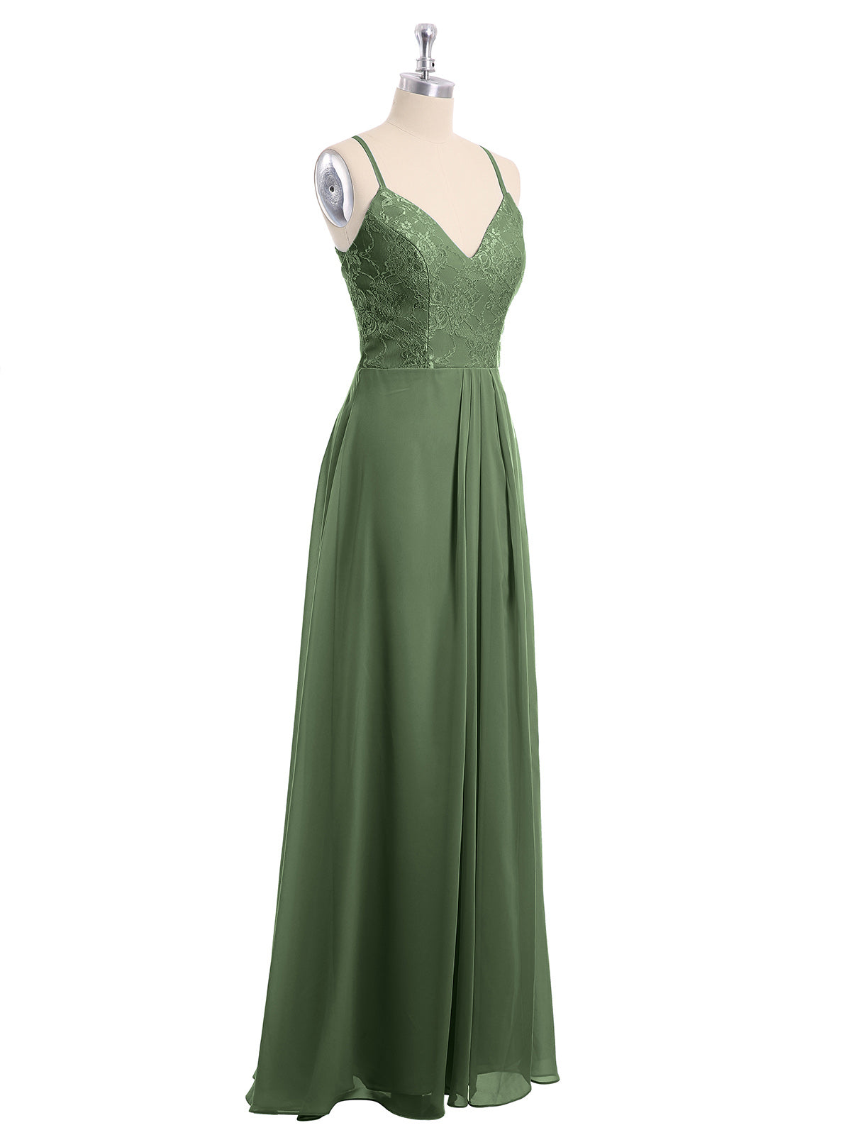 Vestidos con cuerpo de encaje y falda de chiffon con abertura Verde Oliva Tallas Grandes