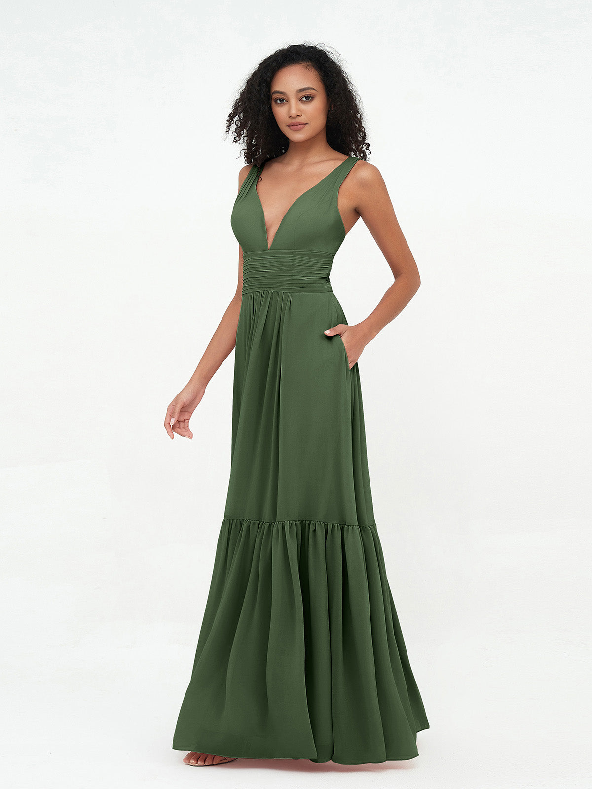 Vestidos bohemios de chiffon con falda escalonada y escote en V profundo Verde Oliva