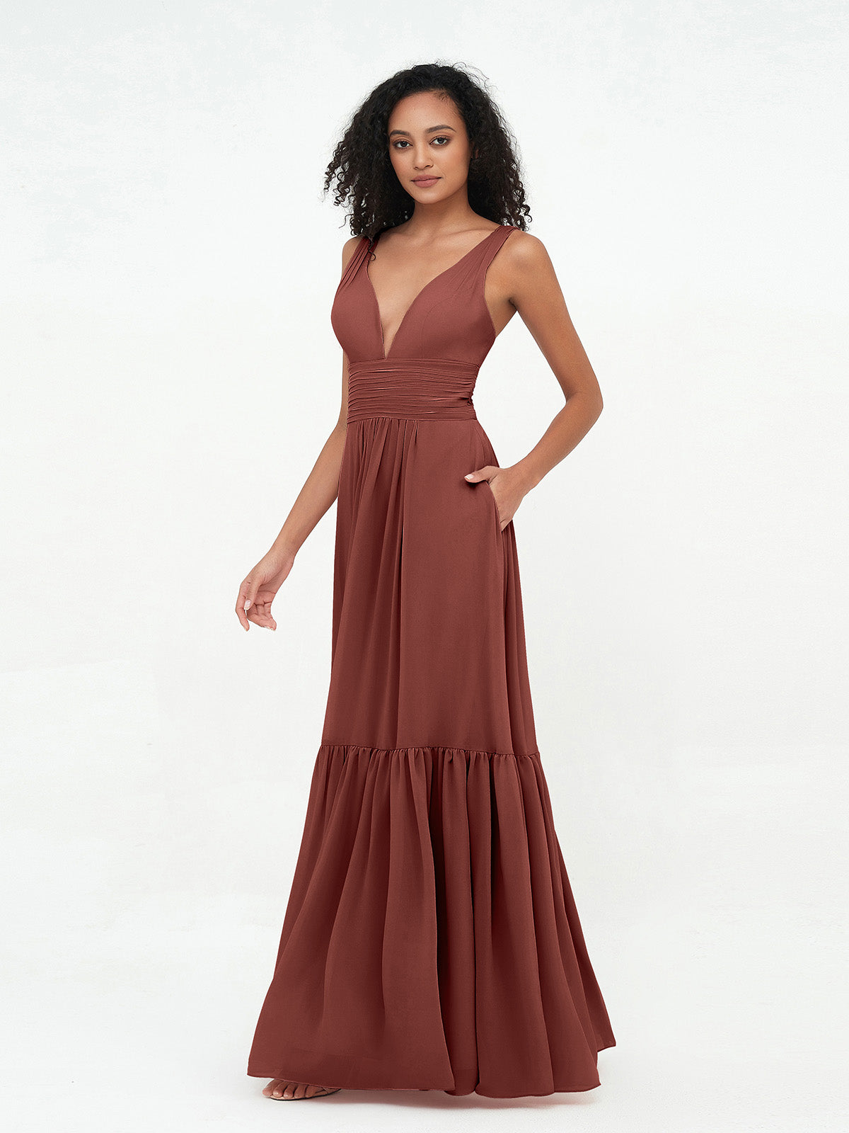 Vestidos bohemios de chiffon con falda escalonada y escote en V profundo Terracota Tallas Grandes