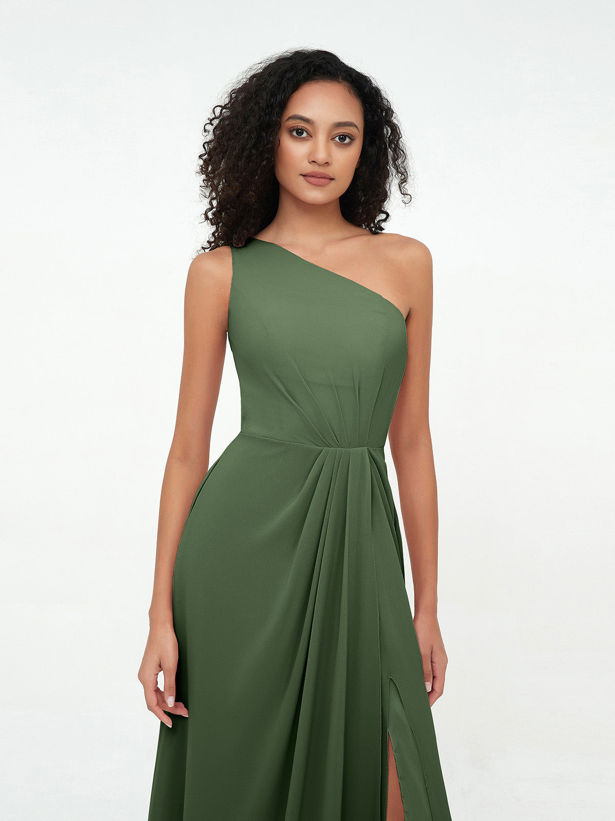 Vestidos máximos de chiffon de un solo hombro con abertura Verde Oliva Tallas Grandes
