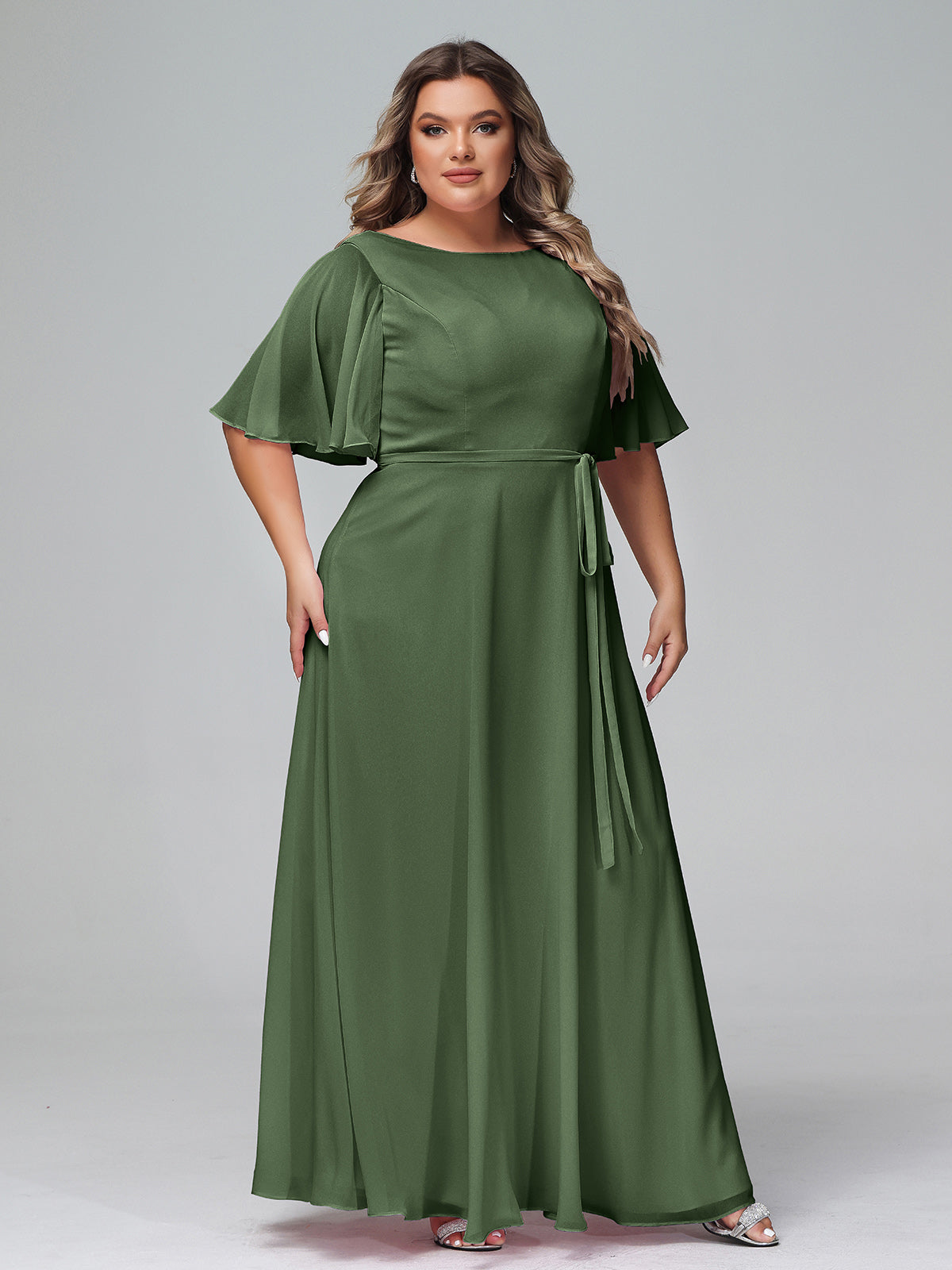 Vestidos máximos de chiffon con mangas de volantes y lazo en la cintura Verde Oliva Tallas Grandes