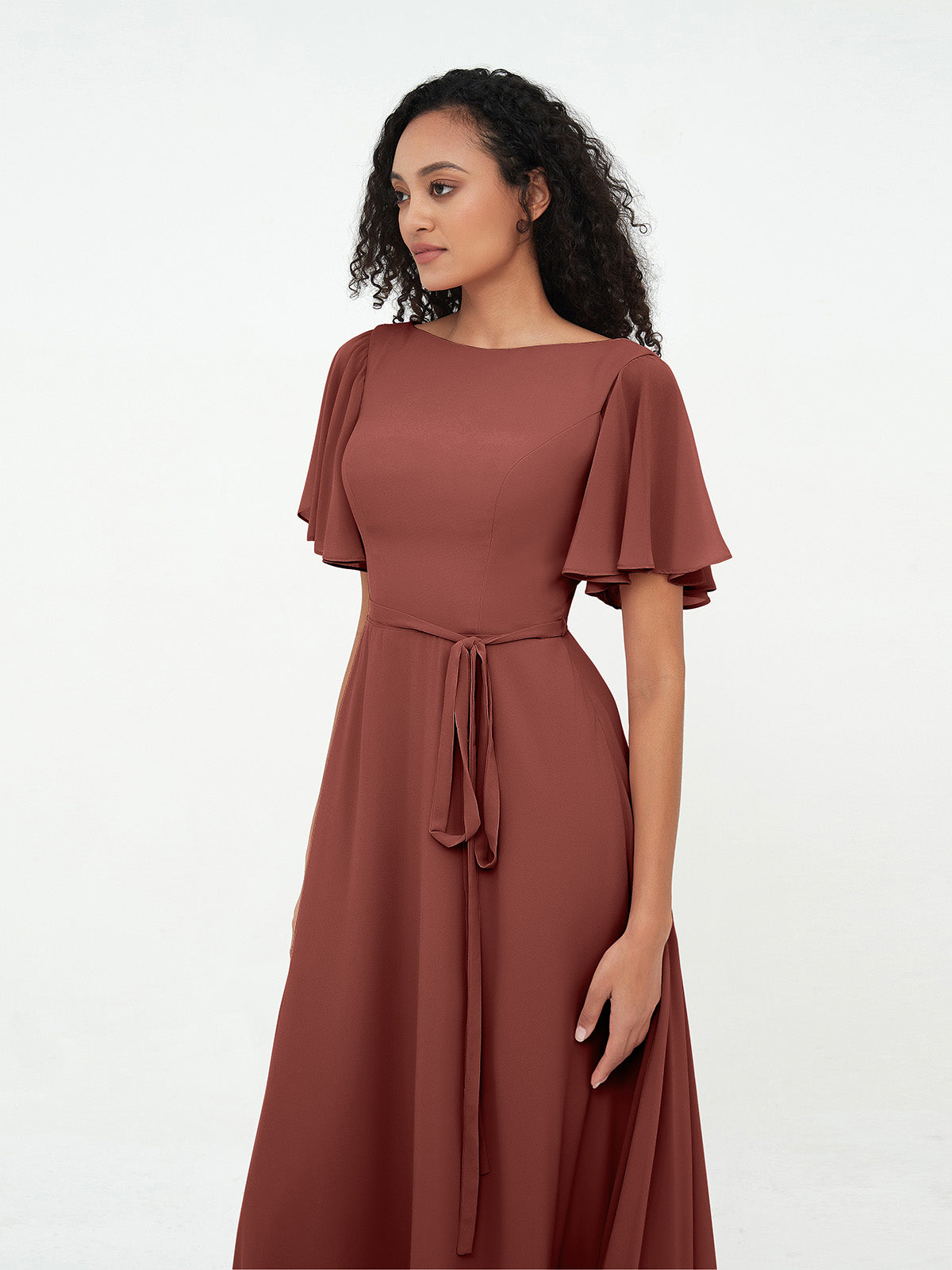Vestidos máximos de chiffon con mangas de volantes y lazo en la cintura Terracota