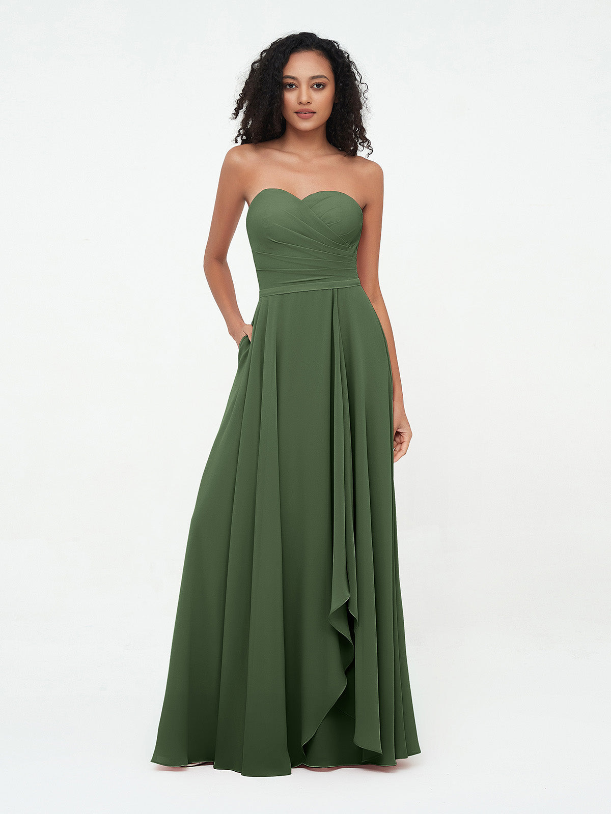 Vestidos largos de chiffon sin tirantes y escote corazón Verde Oliva