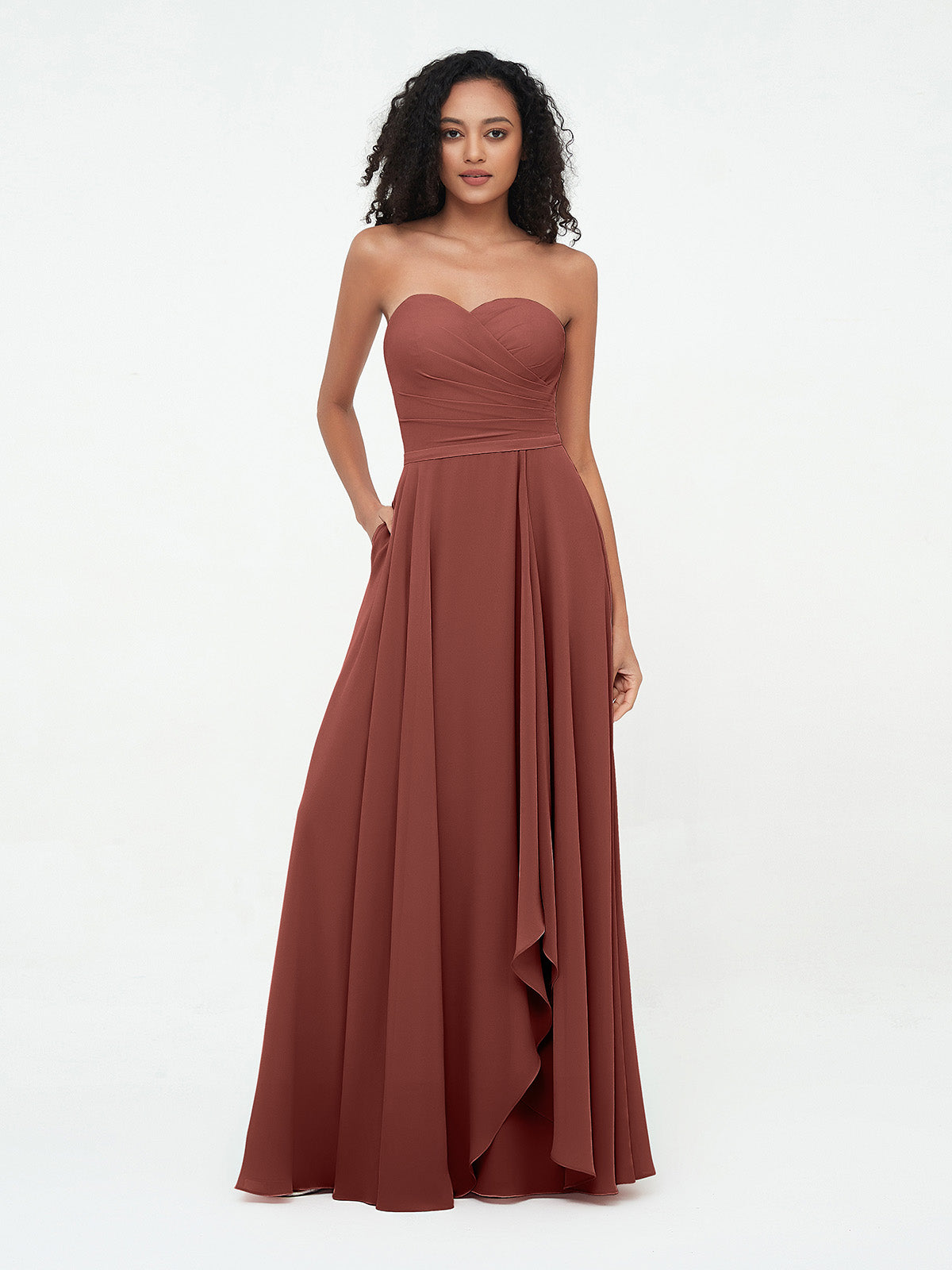 Vestidos largos de chiffon sin tirantes y escote corazón Terracota