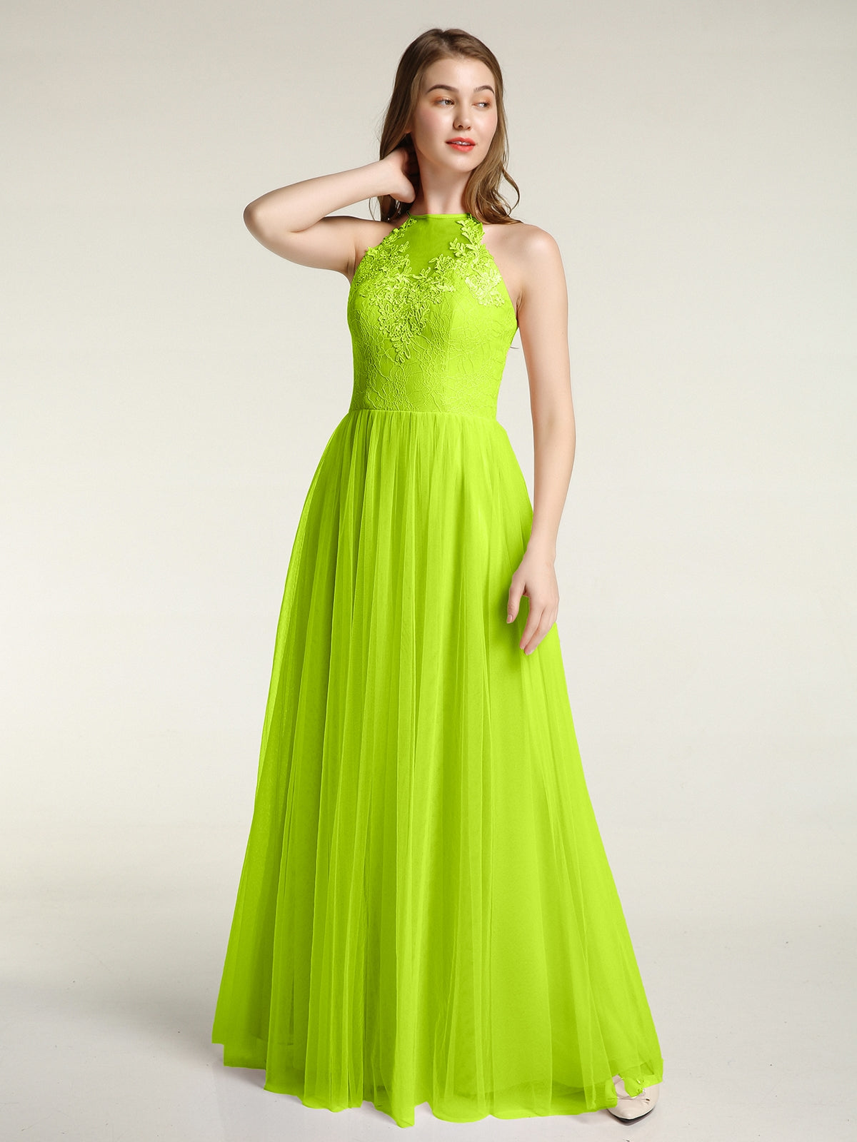 Vestidos largos con cuerpo de encaje y falda de tul Verde Lima