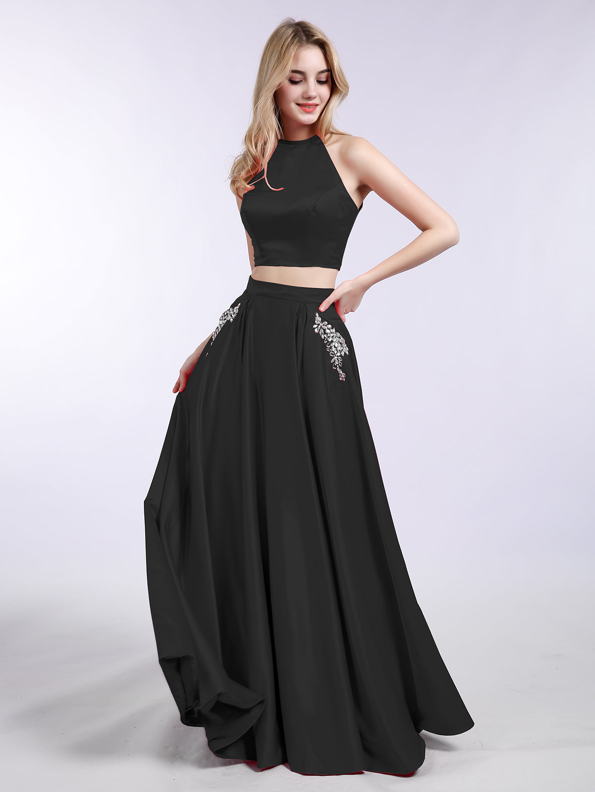 Asha Dos Piezas Saten Vestido De Graduacion Con Bolsillo Negro