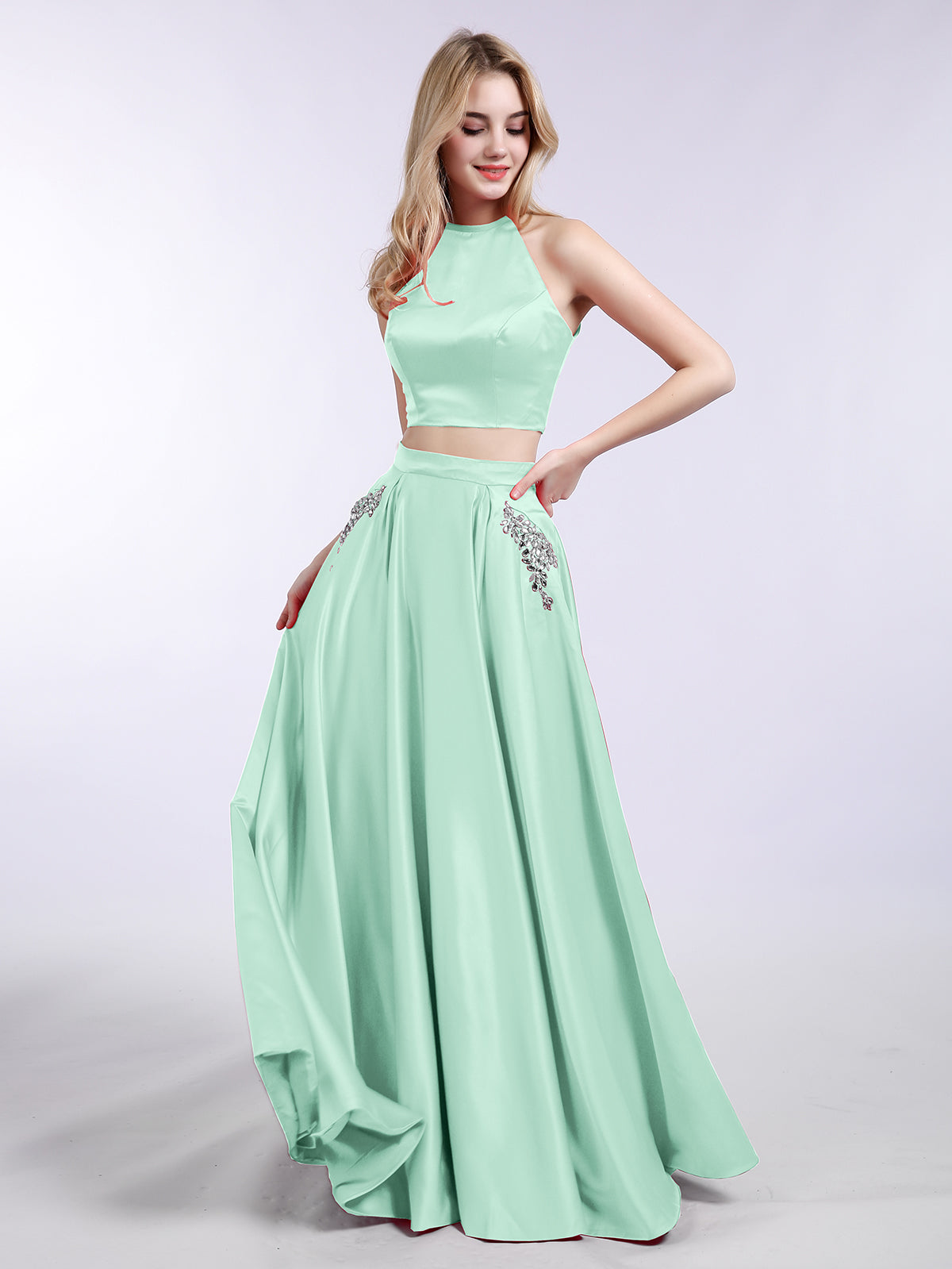 Asha Dos Piezas Saten Vestido De Graduacion Con Bolsillo Verde