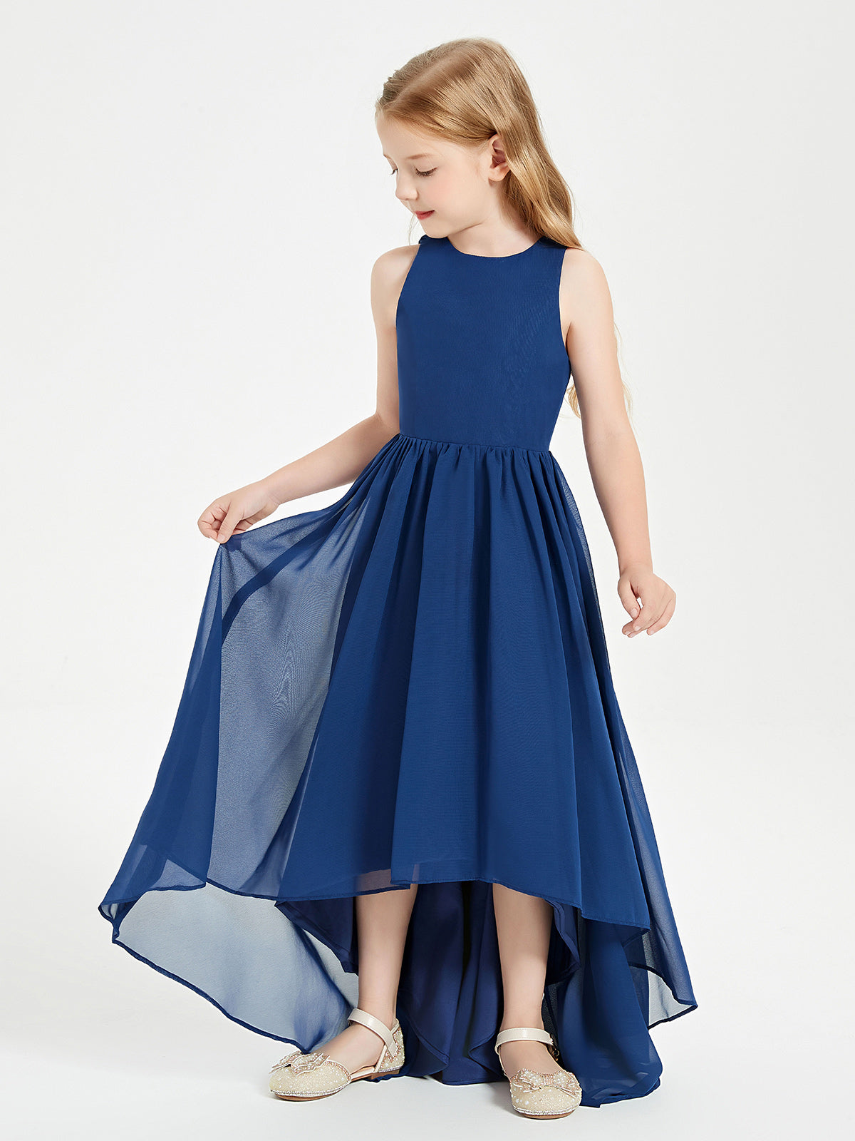 Los Vestidos AsiméTricos Para Damas De Honor Junior Con Escote En Forma De Cucharada Azul Marino