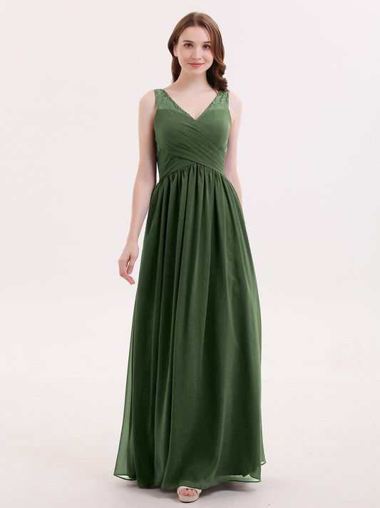 Adalyn Escote En V Gasa Y Encaje Maxi Corte De Dama De Honor Verde Oliva Tallas Grandes