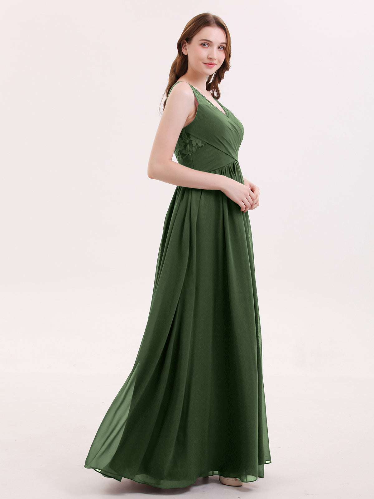 Adalyn Escote En V Gasa Y Encaje Maxi Corte De Dama De Honor Verde Oliva Tallas Grandes