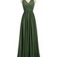 Adalyn Escote En V Gasa Y Encaje Maxi Corte De Dama De Honor Verde Oliva Tallas Grandes