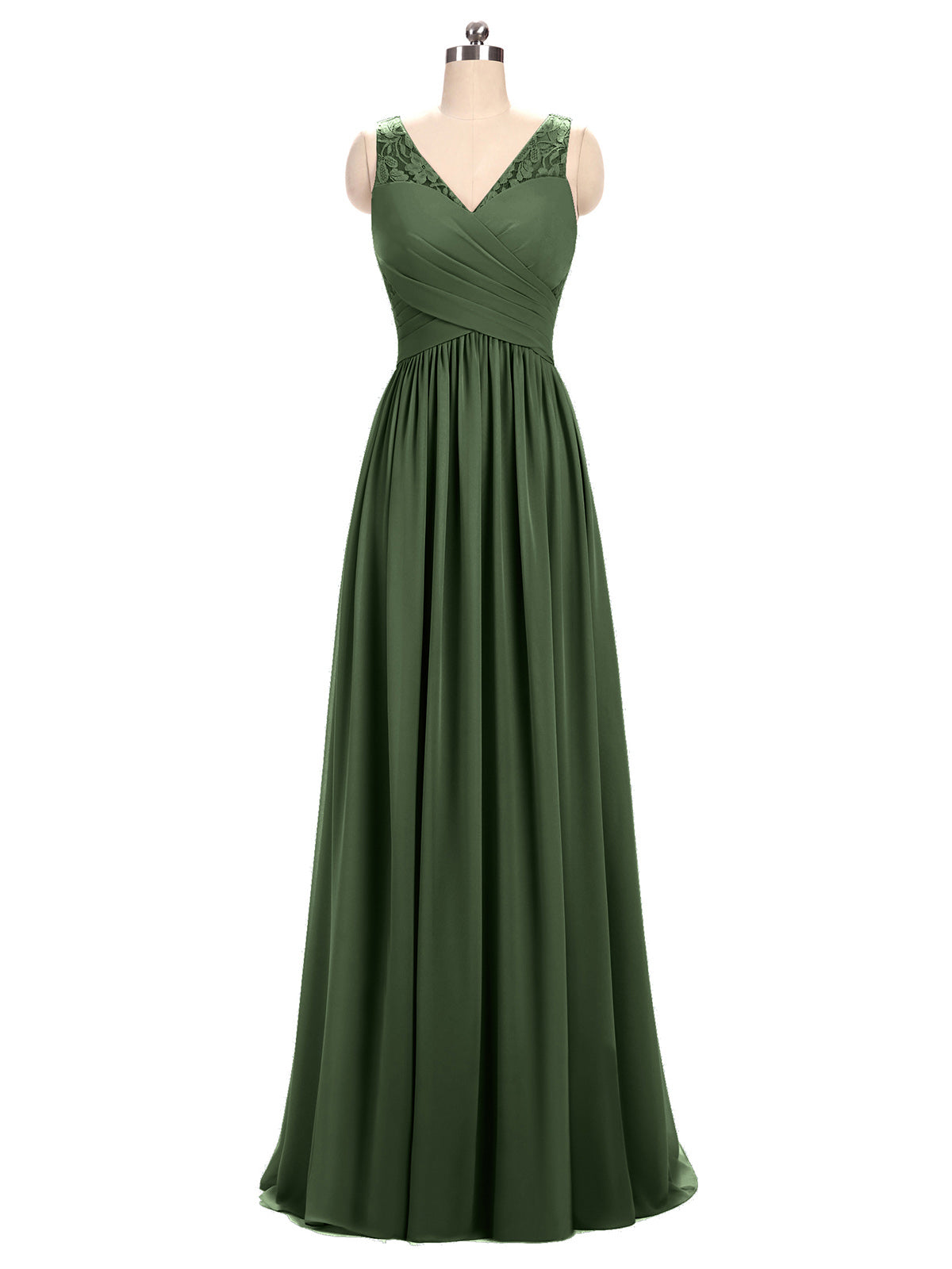 Adalyn Escote En V Gasa Y Encaje Maxi Corte De Dama De Honor Verde Oliva Tallas Grandes