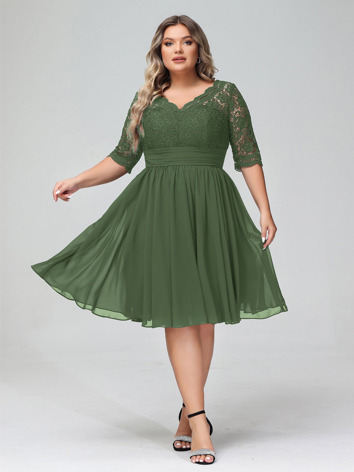Alexia Encaje Y Gasa Vestido Corto Con Media Manga Verde Oliva Tallas Grandes