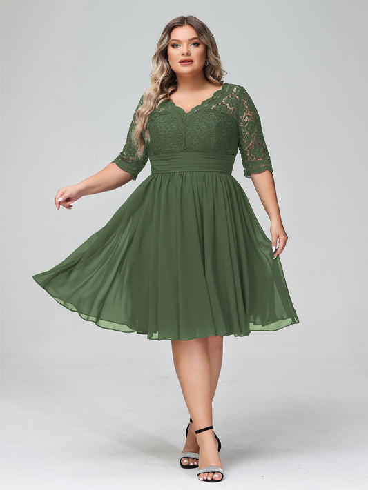 Alexia Encaje Y Gasa Vestido Corto Con Media Manga Verde Oliva Tallas Grandes