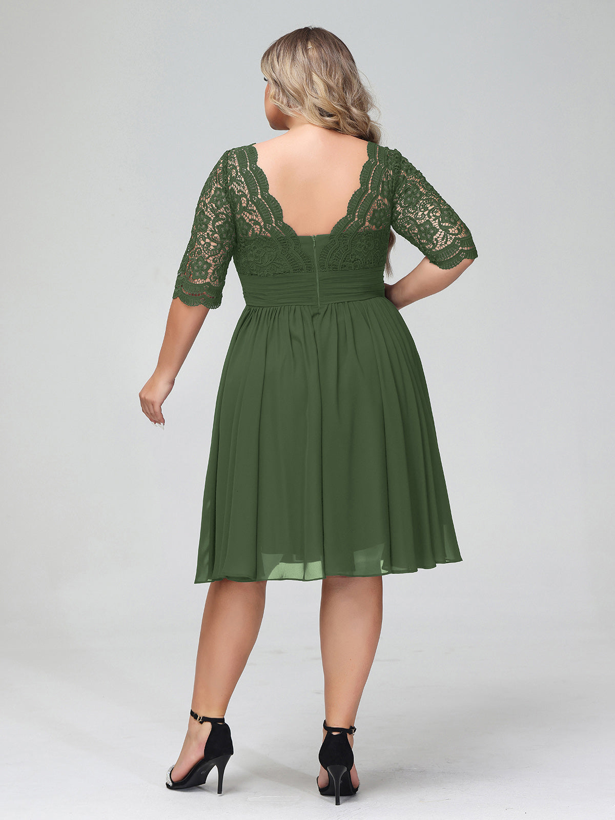 Alexia Encaje Y Gasa Vestido Corto Con Media Manga Verde Oliva Tallas Grandes