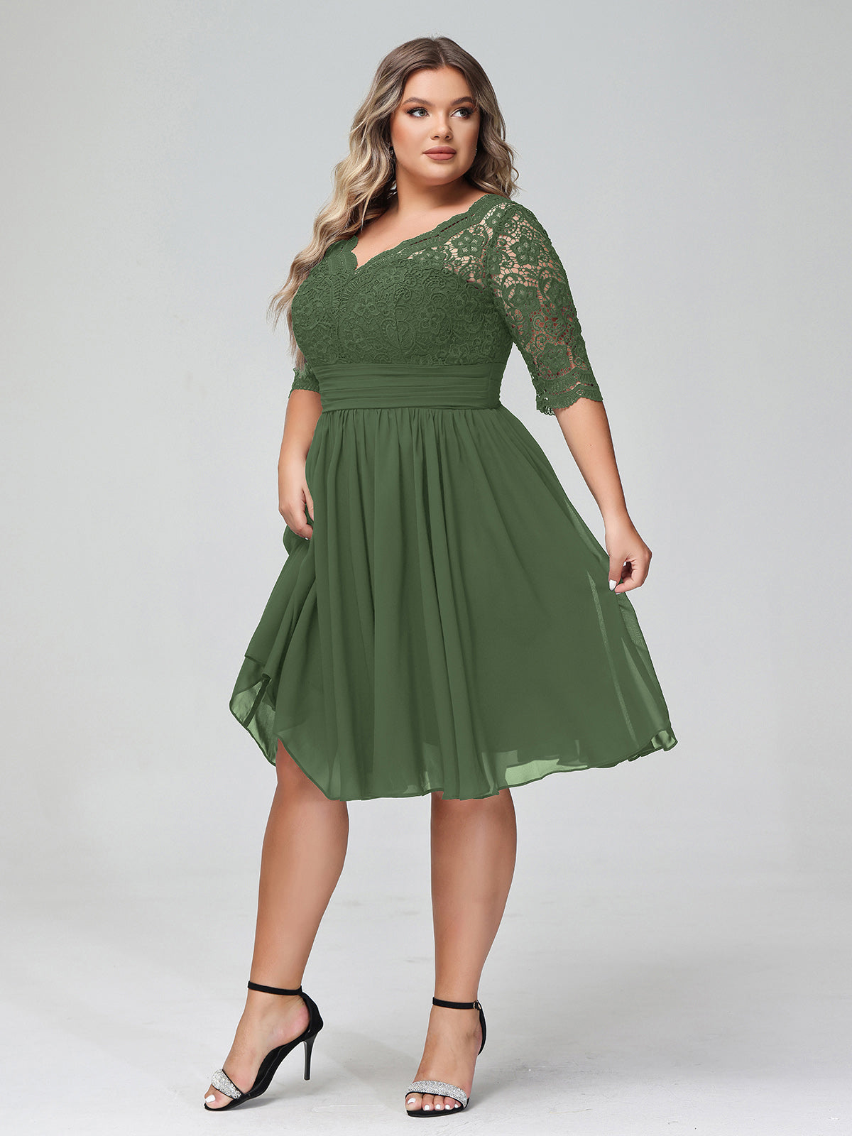 Alexia Encaje Y Gasa Vestido Corto Con Media Manga Verde Oliva Tallas Grandes