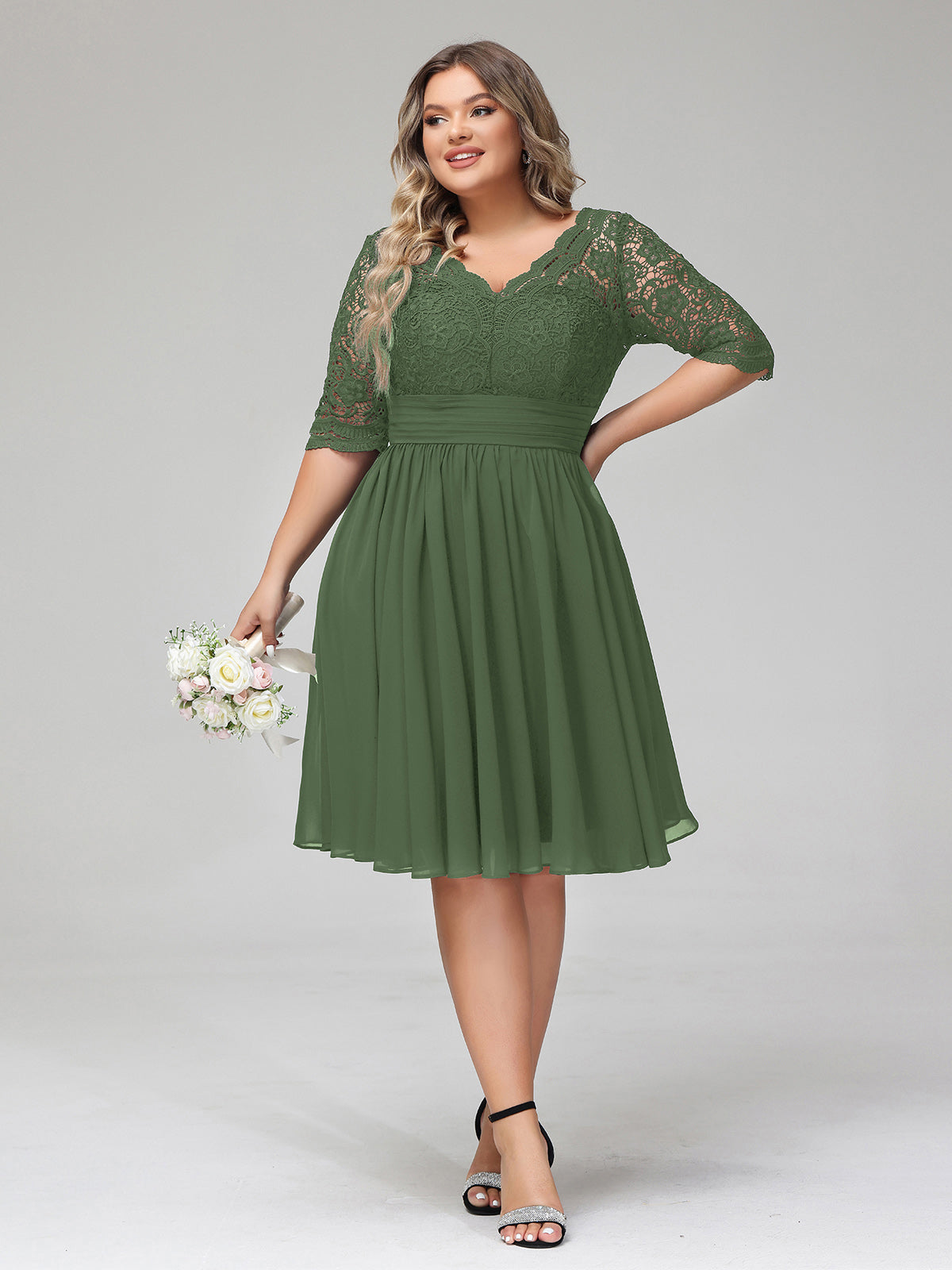 Alexia Encaje Y Gasa Vestido Corto Con Media Manga Verde Oliva Tallas Grandes