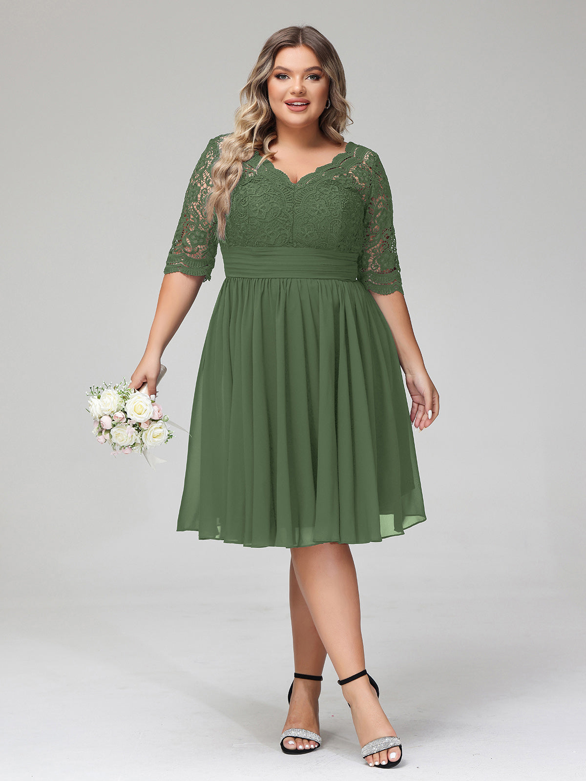 Alexia Encaje Y Gasa Vestido Corto Con Media Manga Verde Oliva Tallas Grandes