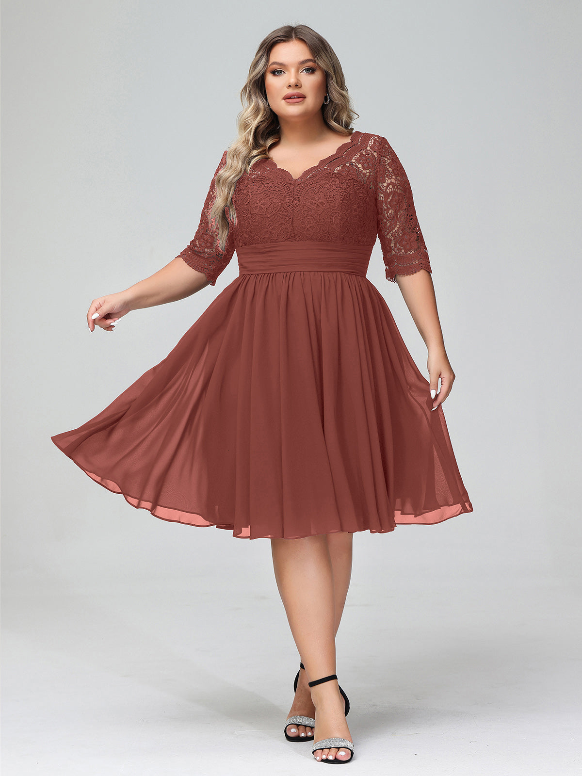 Alexia Encaje Y Gasa Vestido Corto Con Media Manga Terracota Tallas Grandes