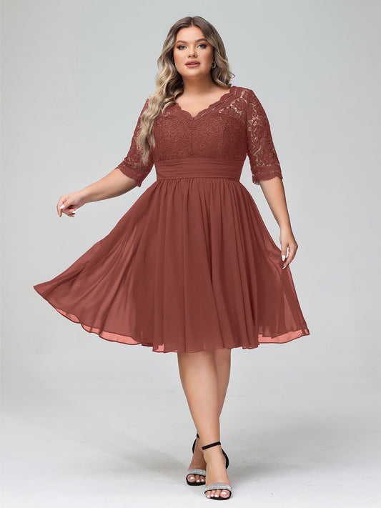 Alexia Encaje Y Gasa Vestido Corto Con Media Manga Terracota Tallas Grandes