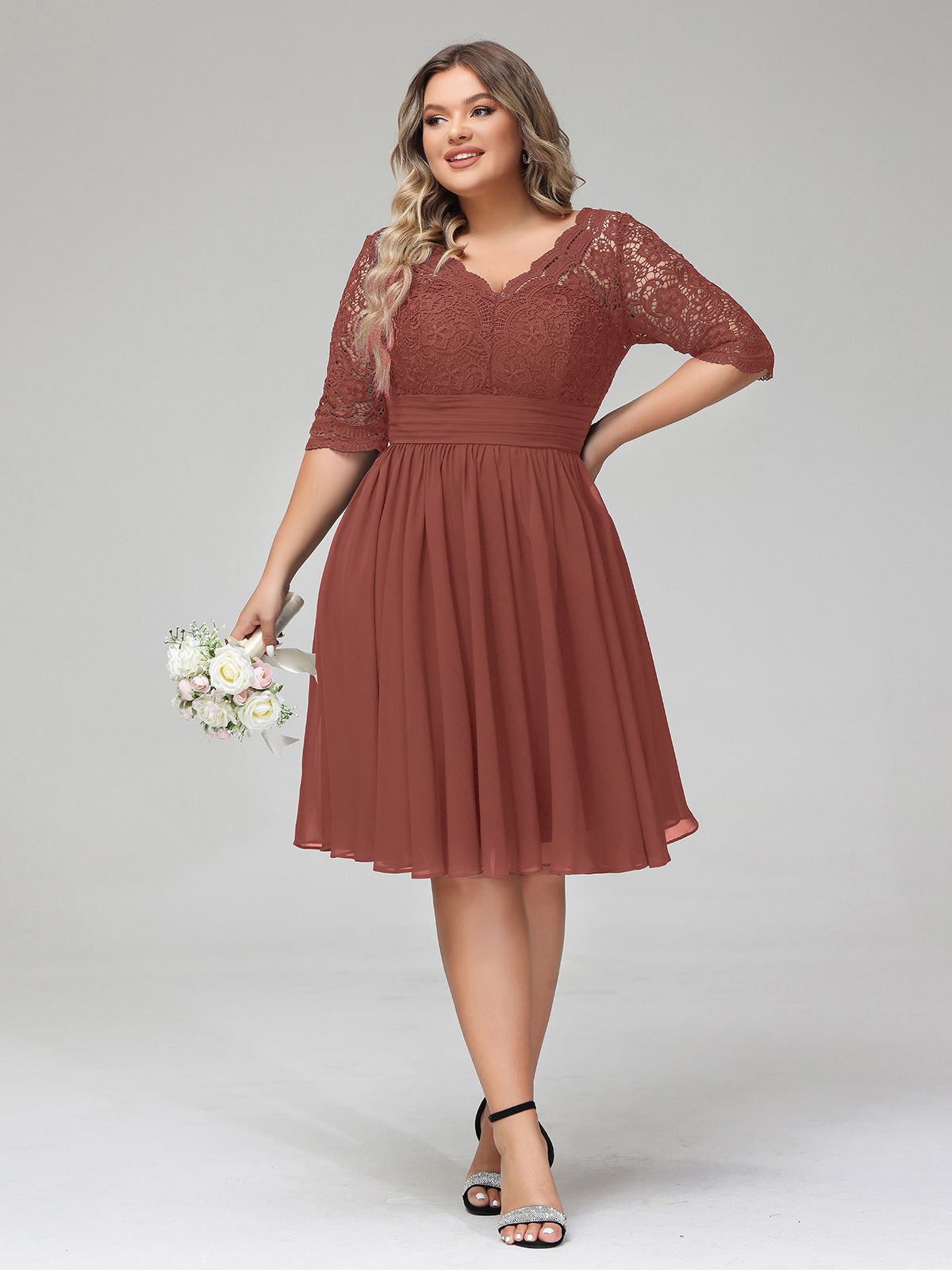 Alexia Encaje Y Gasa Vestido Corto Con Media Manga Terracota Tallas Grandes