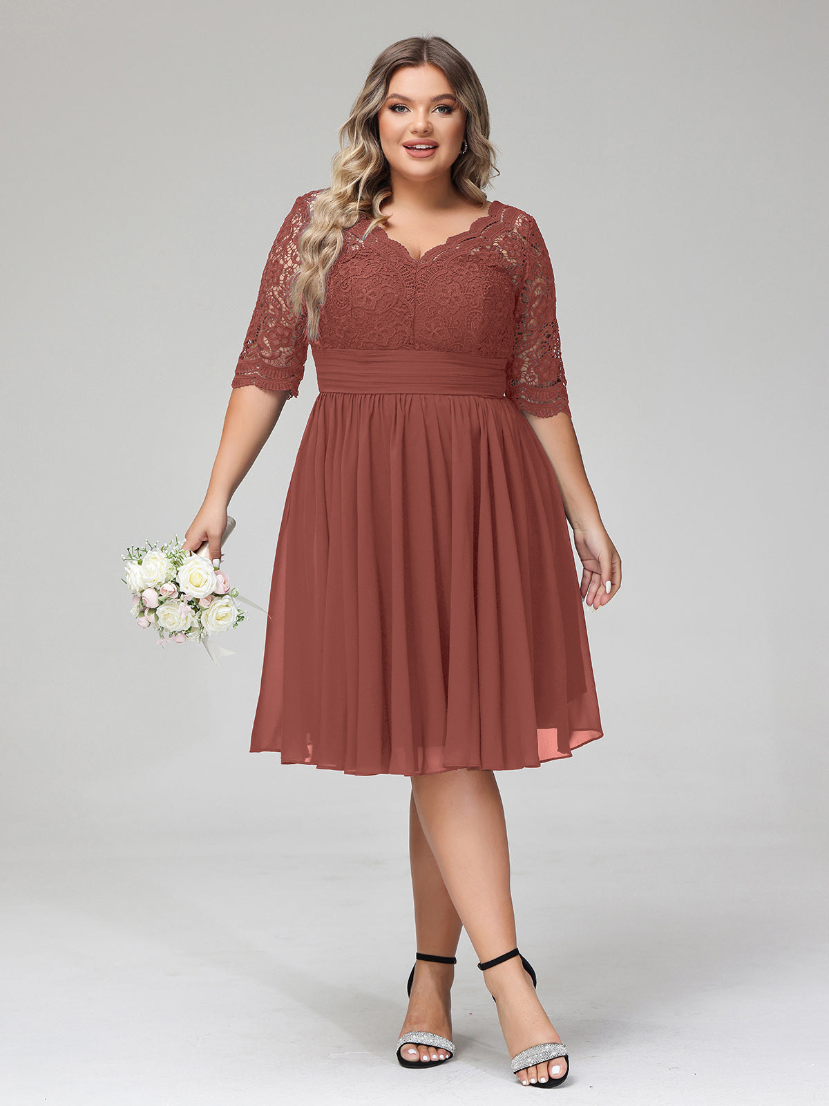 Alexia Encaje Y Gasa Vestido Corto Con Media Manga Terracota Tallas Grandes