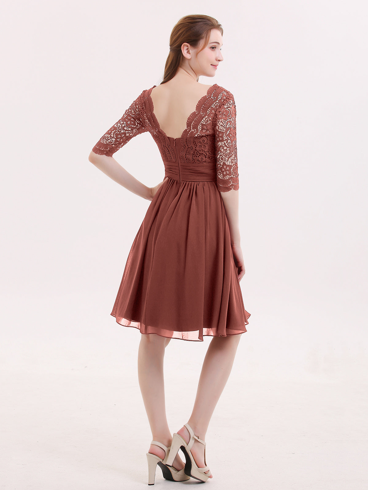 Alexia Encaje Y Gasa Vestido Corto Con Media Manga Terracota