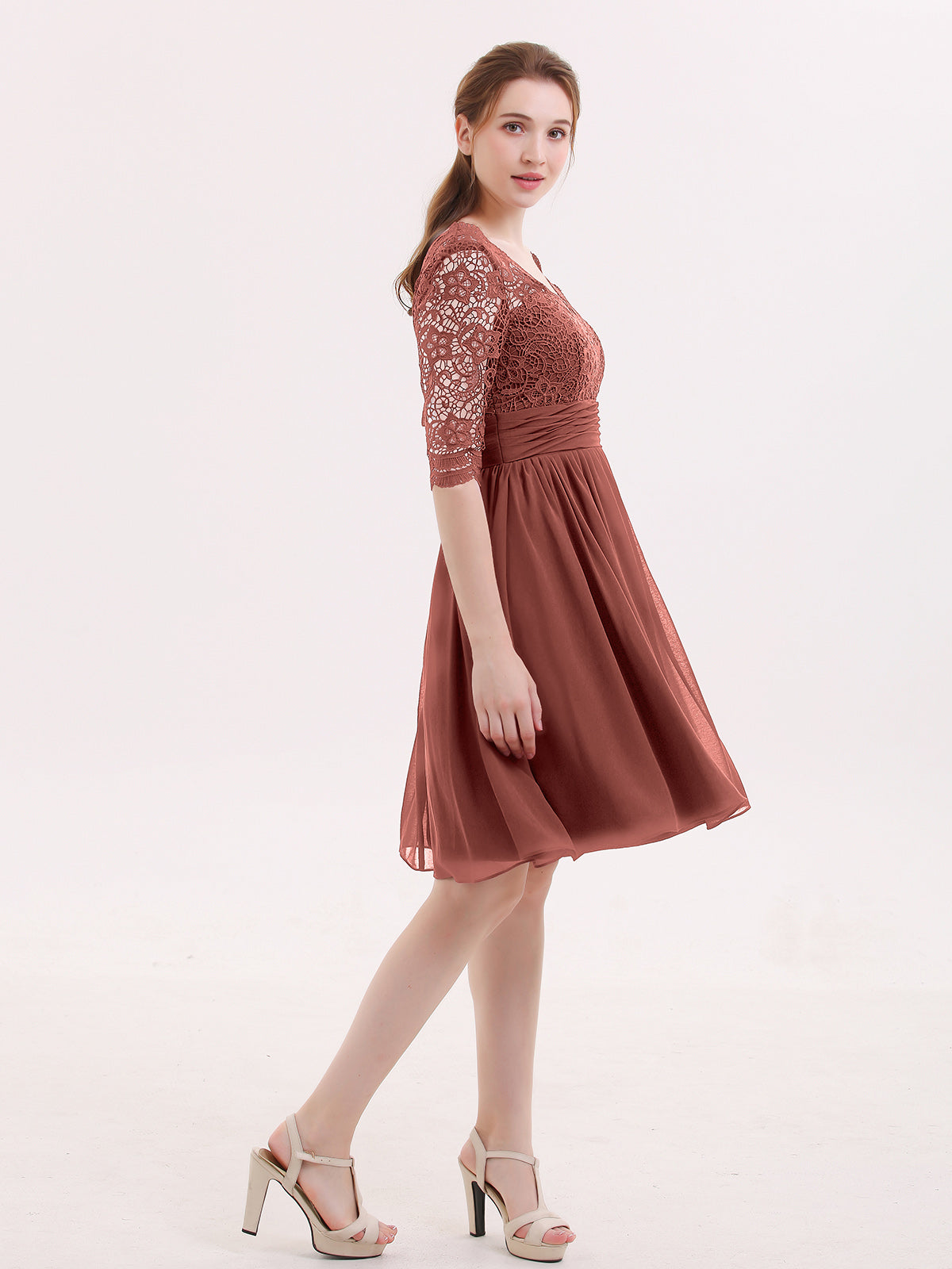 Alexia Encaje Y Gasa Vestido Corto Con Media Manga Terracota