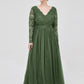 Alina Escote En V Encaje Y Gasa Vestido Con Largas Mangas Verde Oliva Tallas Grandes