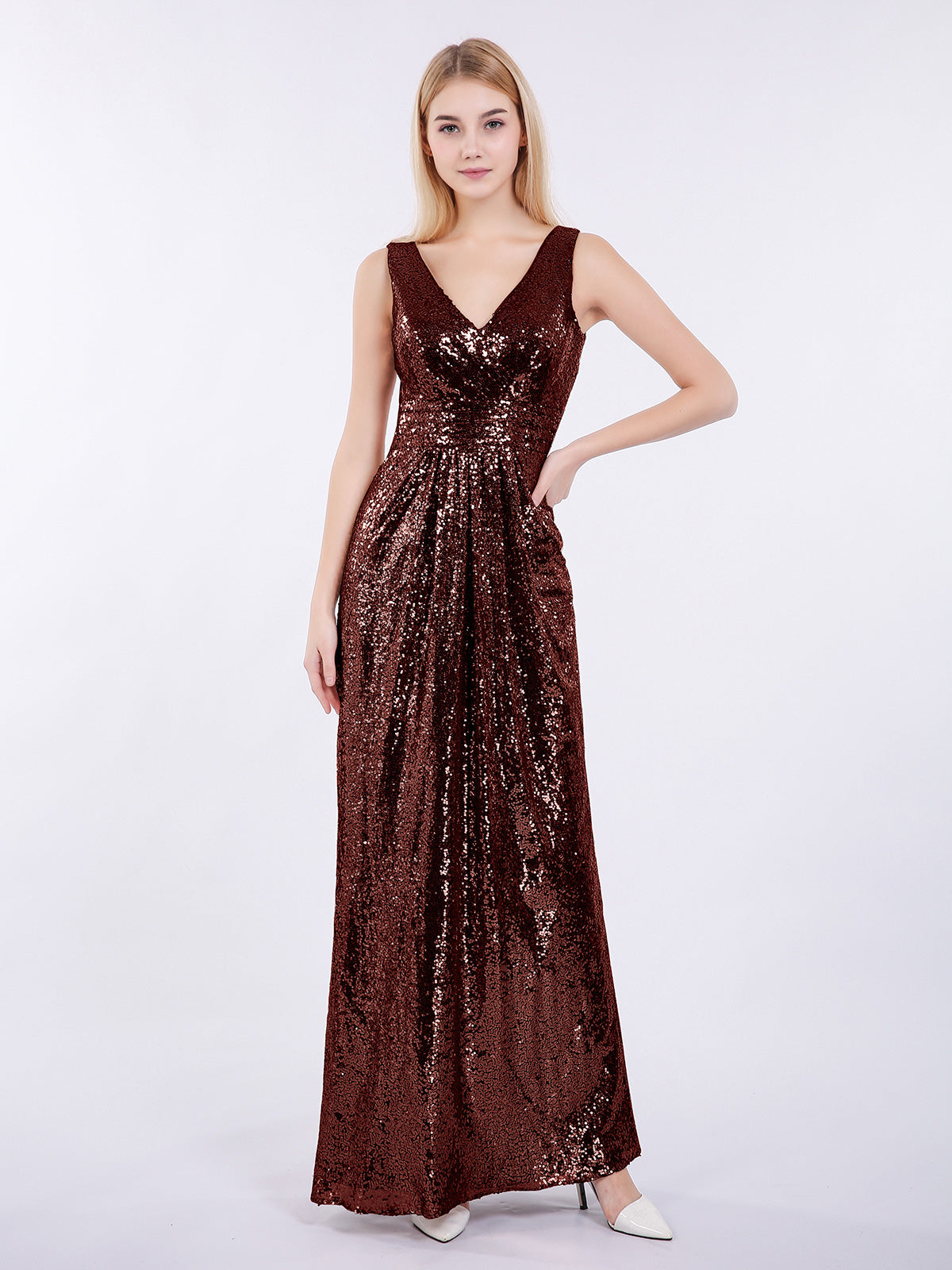 Alma Tubo Escote En V Lentejuelas Largo Vestido Terracota Tallas Grandes