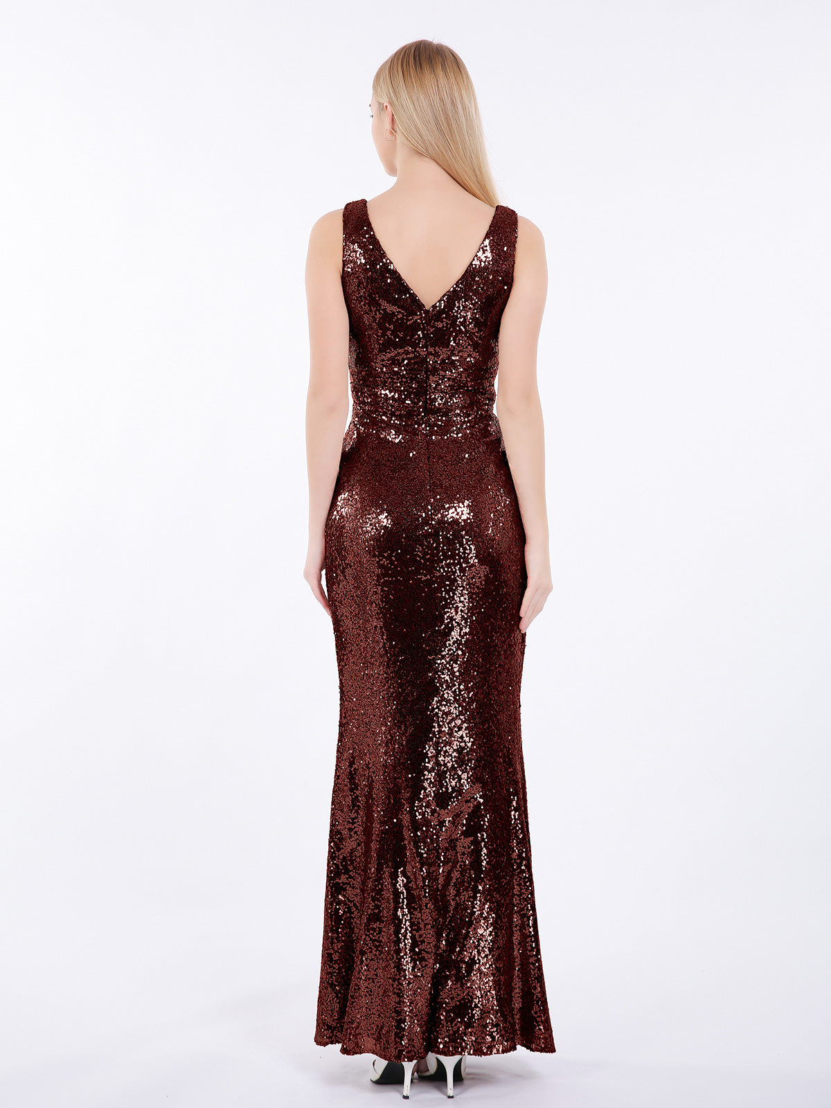 Alma Tubo Escote En V Lentejuelas Largo Vestido Terracota Tallas Grandes