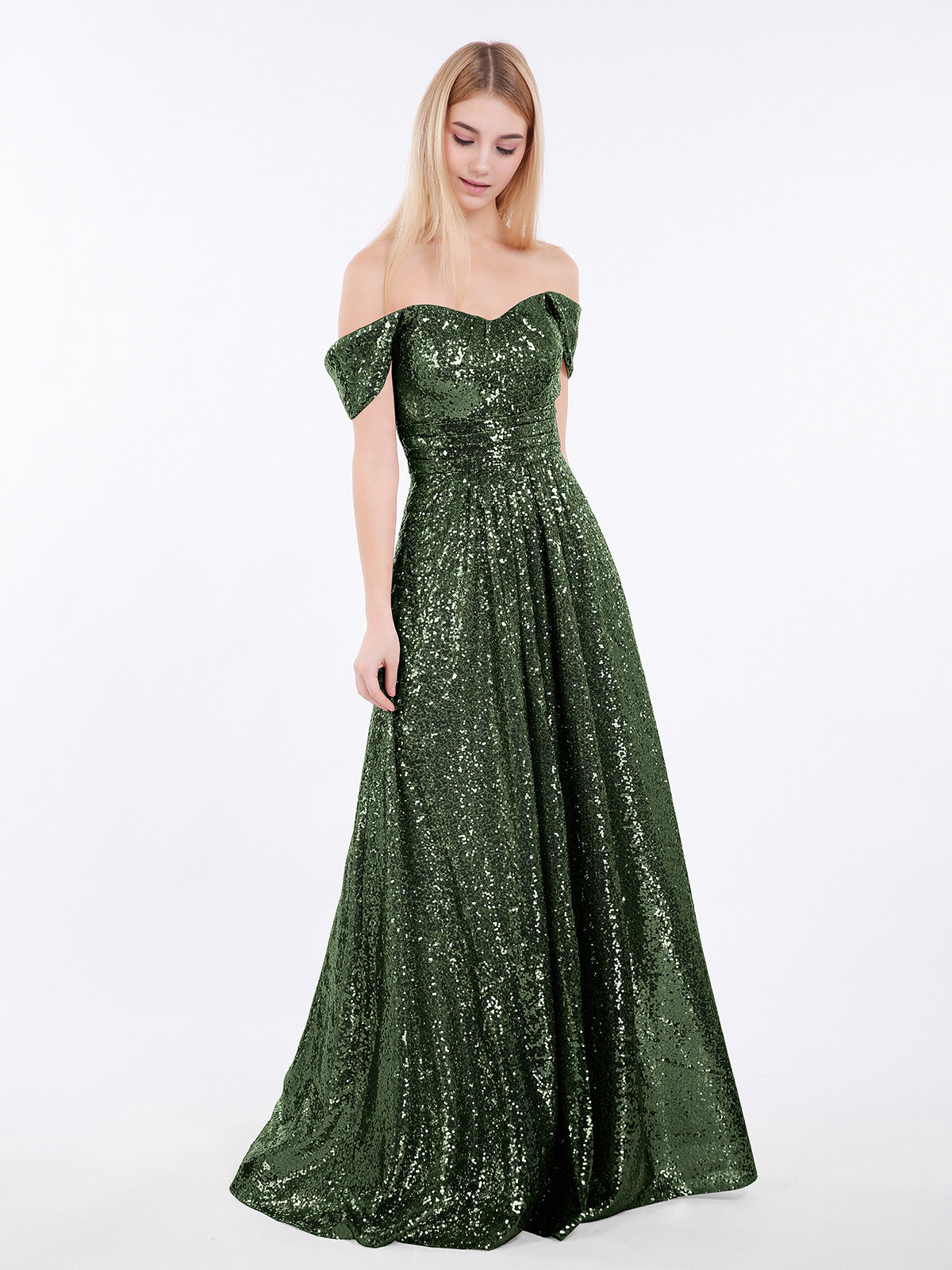 Alva Largo Lentejuelas Vestido Con Fuera Del Hombro Verde Oliva Tallas Grandes