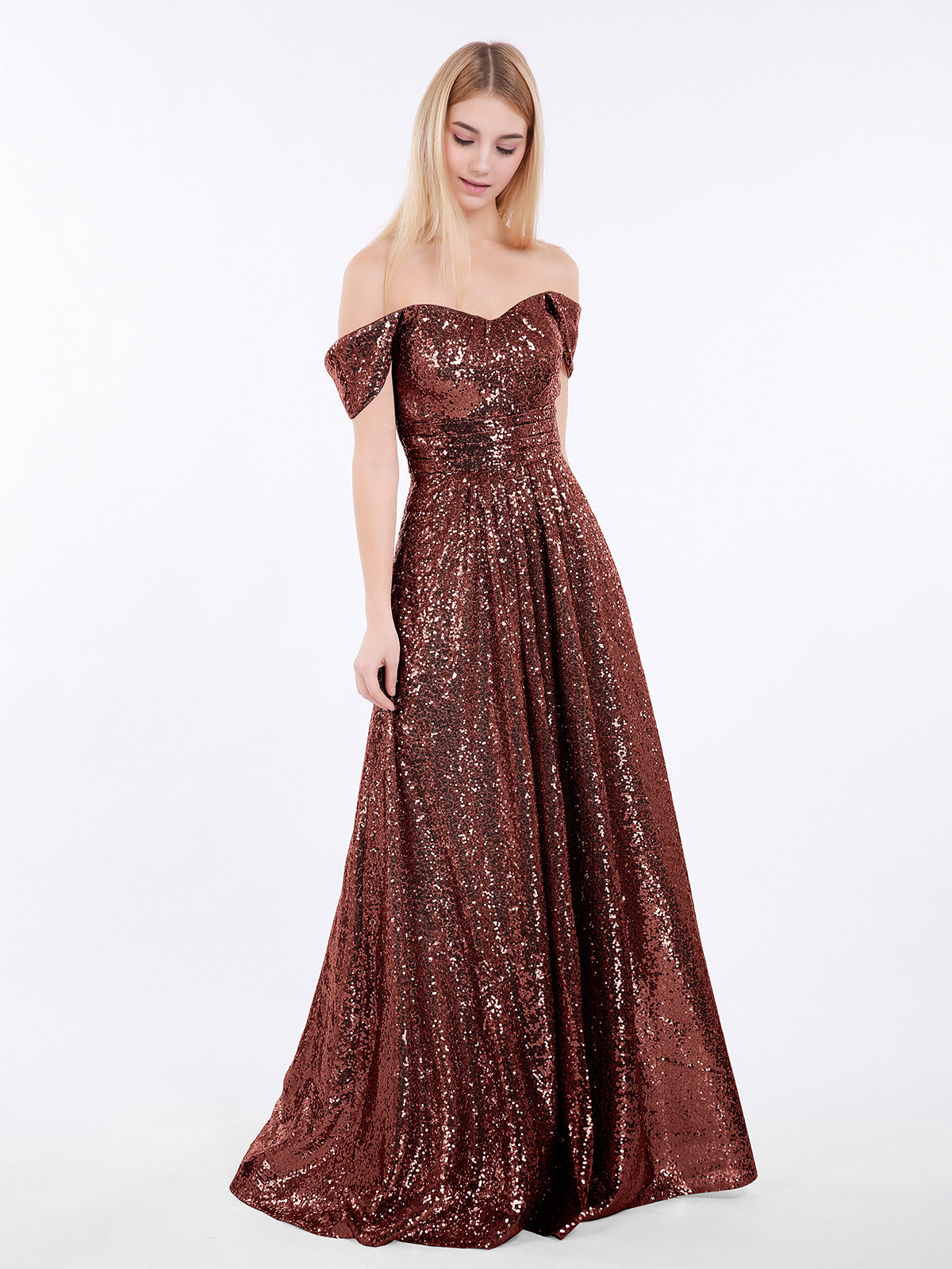 Alva Largo Lentejuelas Vestido Con Fuera Del Hombro Terracota