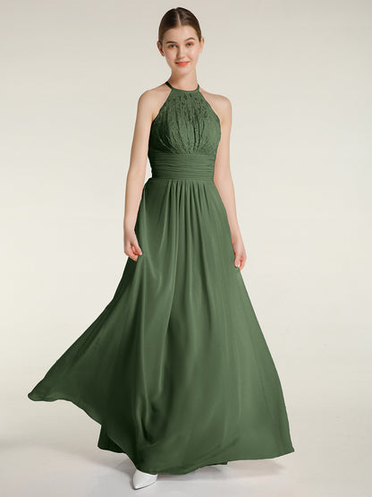 Vestidos largos de chiffon y encaje estilo halter Verde Oliva Tallas Grandes