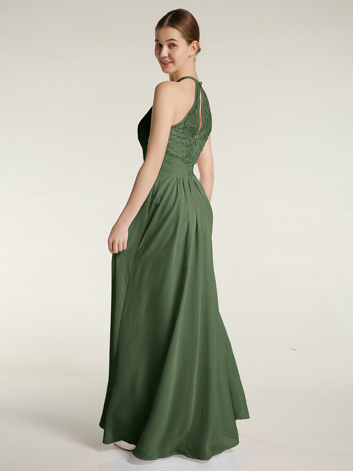 Vestidos largos de chiffon y encaje estilo halter Verde Oliva Tallas Grandes