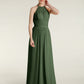 Vestidos largos de chiffon y encaje estilo halter Verde Oliva Tallas Grandes