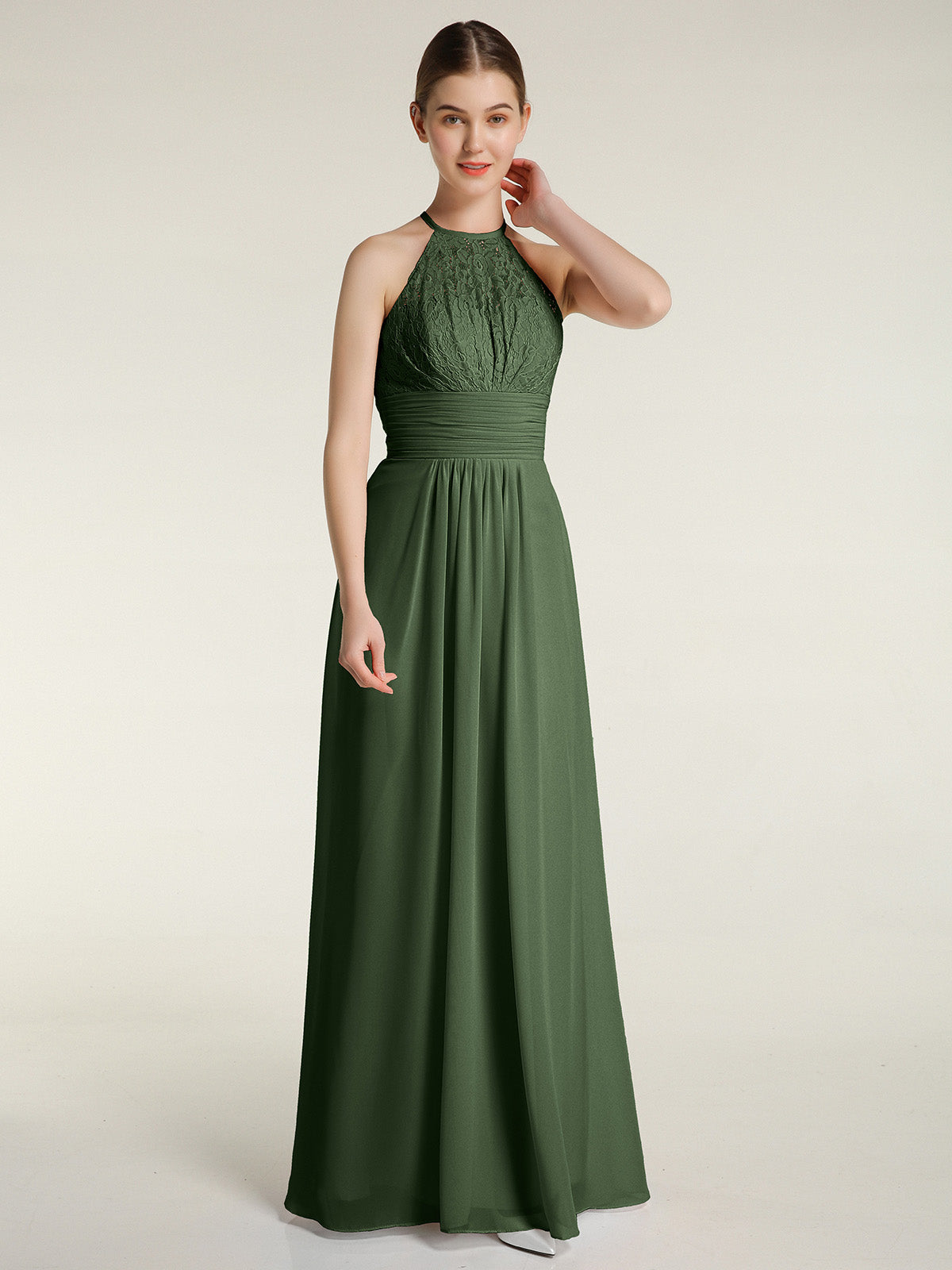 Vestidos largos de chiffon y encaje estilo halter Verde Oliva Tallas Grandes