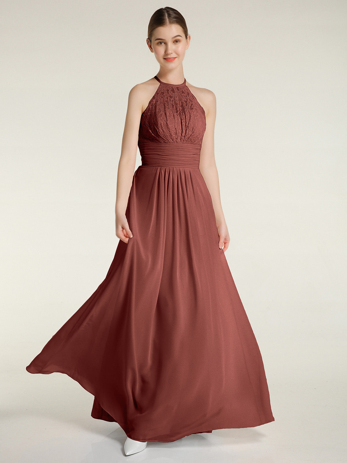 Vestidos largos de chiffon y encaje estilo halter Terracota