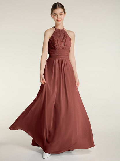 Vestidos largos de chiffon y encaje estilo halter Terracota