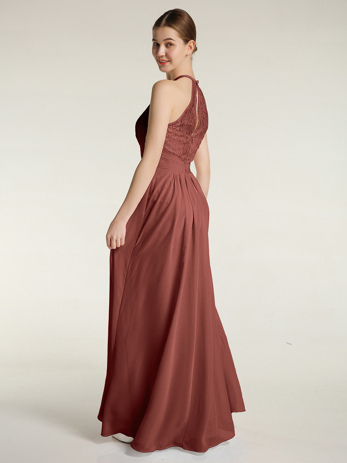 Vestidos largos de chiffon y encaje estilo halter Terracota