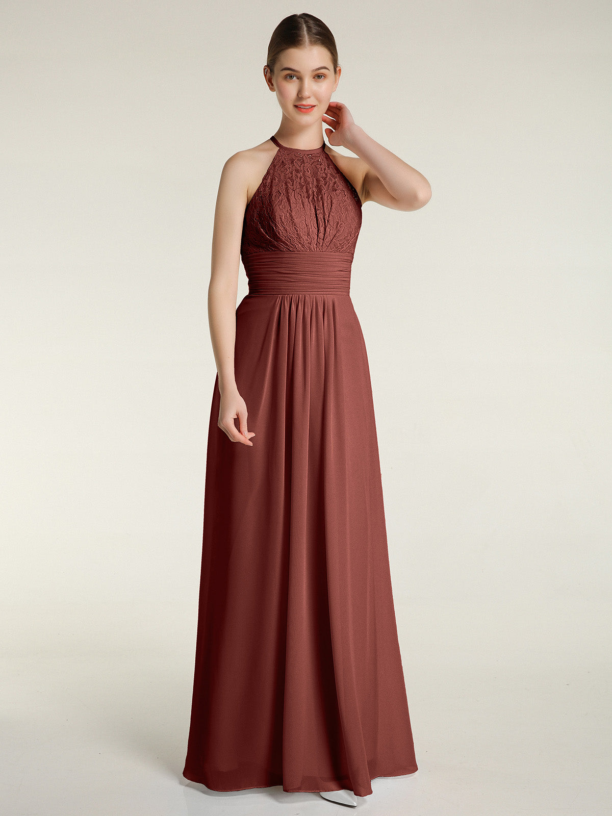 Vestidos largos de chiffon y encaje estilo halter Terracota