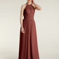 Vestidos largos de chiffon y encaje estilo halter Terracota Tallas Grandes