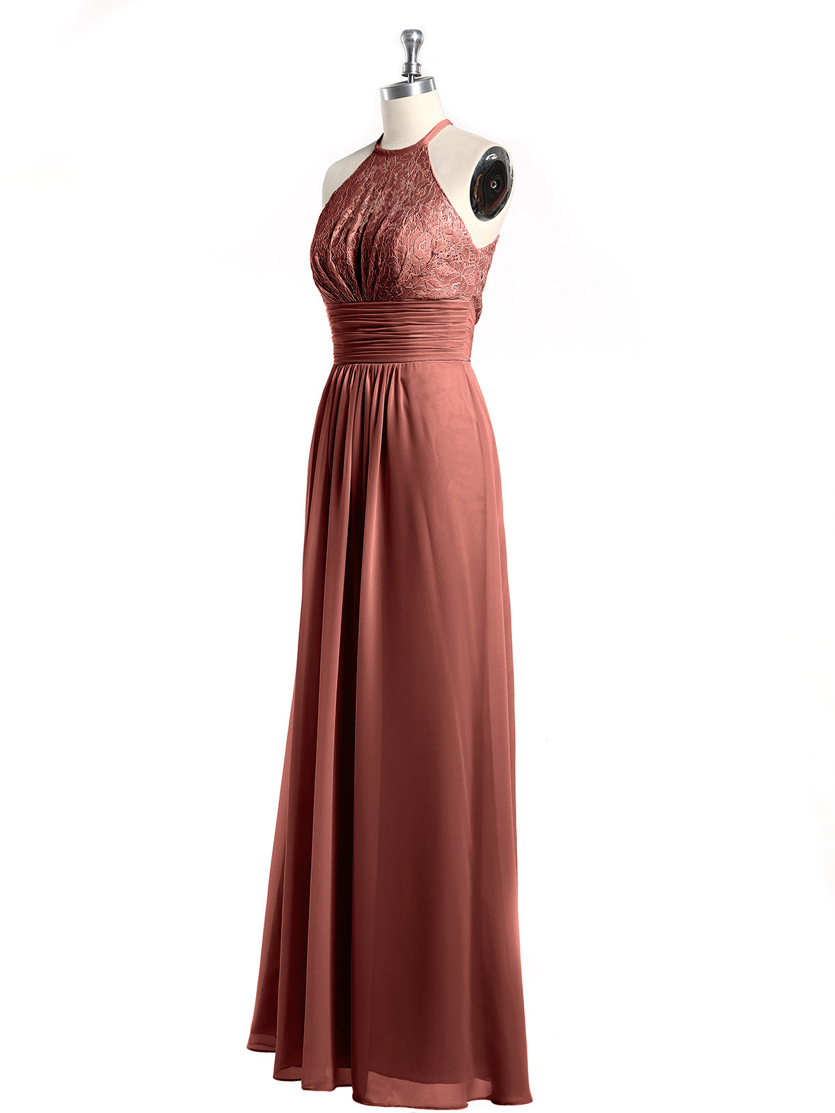 Vestidos largos de chiffon y encaje estilo halter Terracota