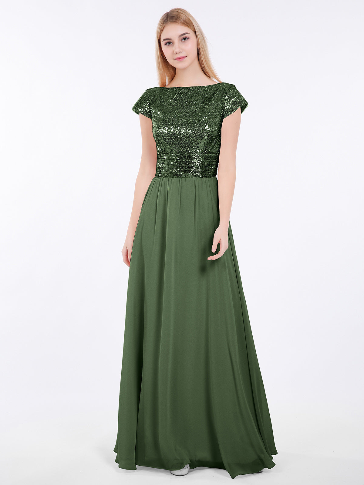 Amaris Lentejuelas Largo Vestido Con Mangas De La Tapa Verde Oliva Tallas Grandes