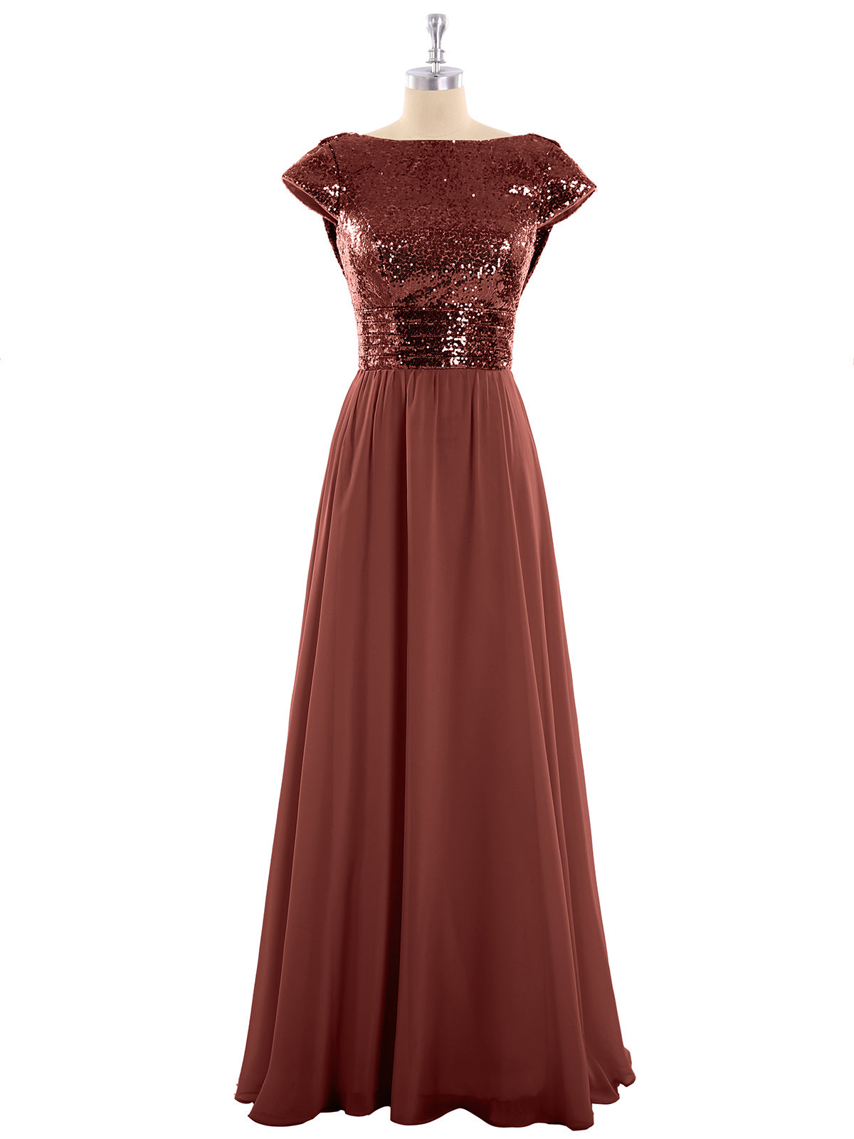 Amaris Lentejuelas Largo Vestido Con Mangas De La Tapa Terracota