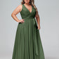 El vestido de chiffon con escote en V profundo y lazo de sash Verde Oliva Tallas Grandes