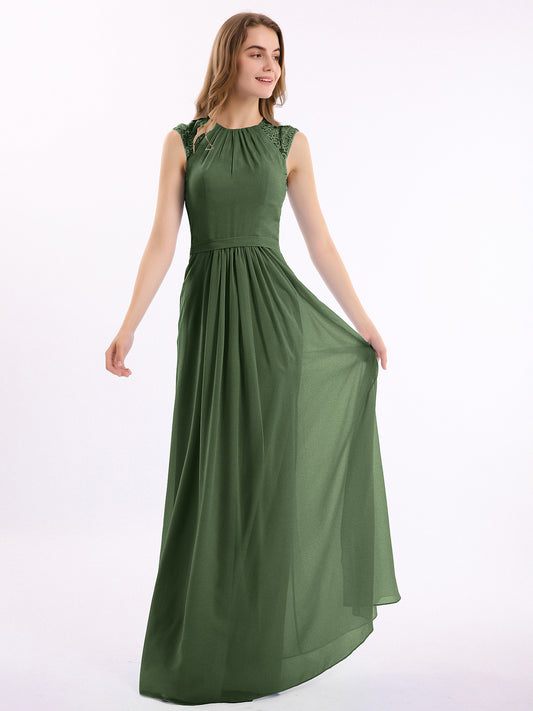 Vestido largo de chiffon y encaje con espalda descubierta Verde Oliva