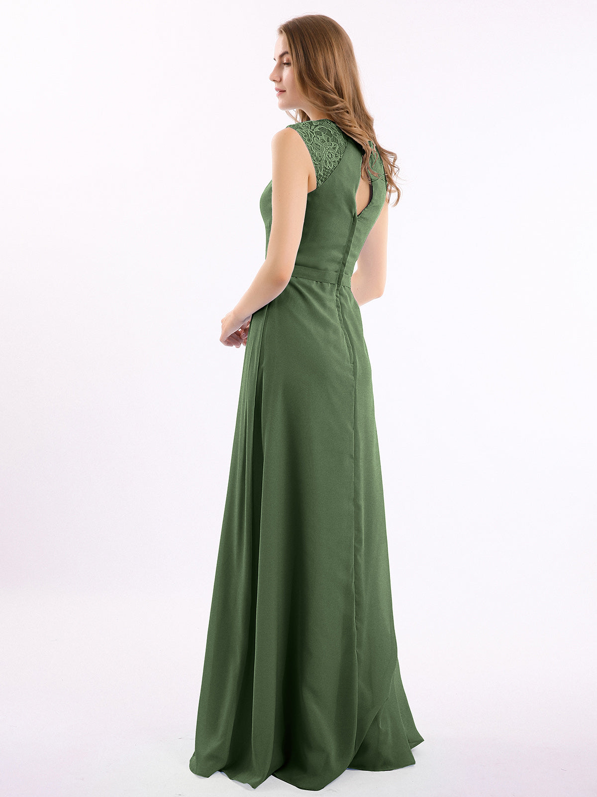 Vestido largo de chiffon y encaje con espalda descubierta Verde Oliva