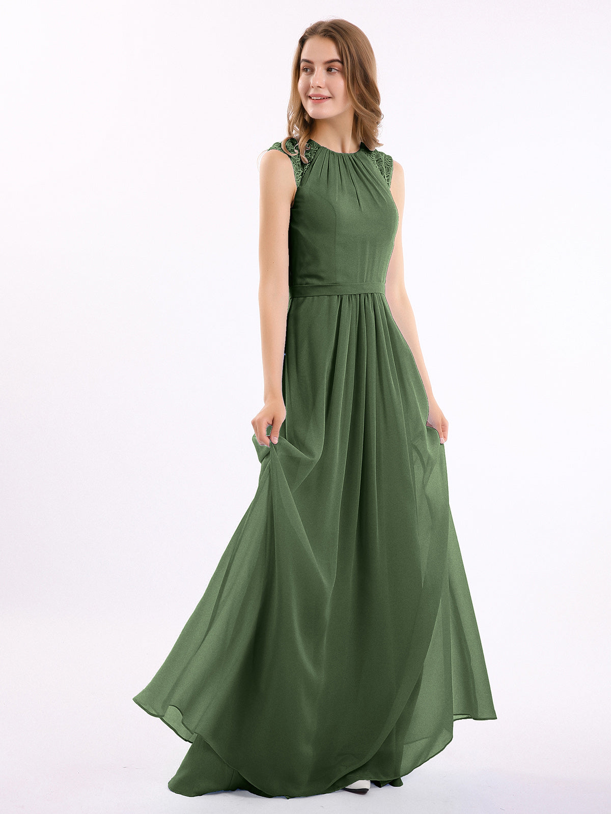 Vestido largo de chiffon y encaje con espalda descubierta Verde Oliva
